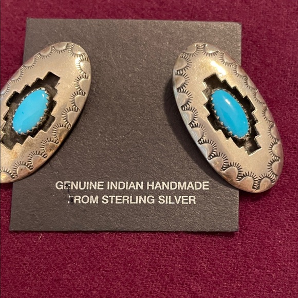 Turquoise and Silver Oval Earrings - Picture 2 of 4